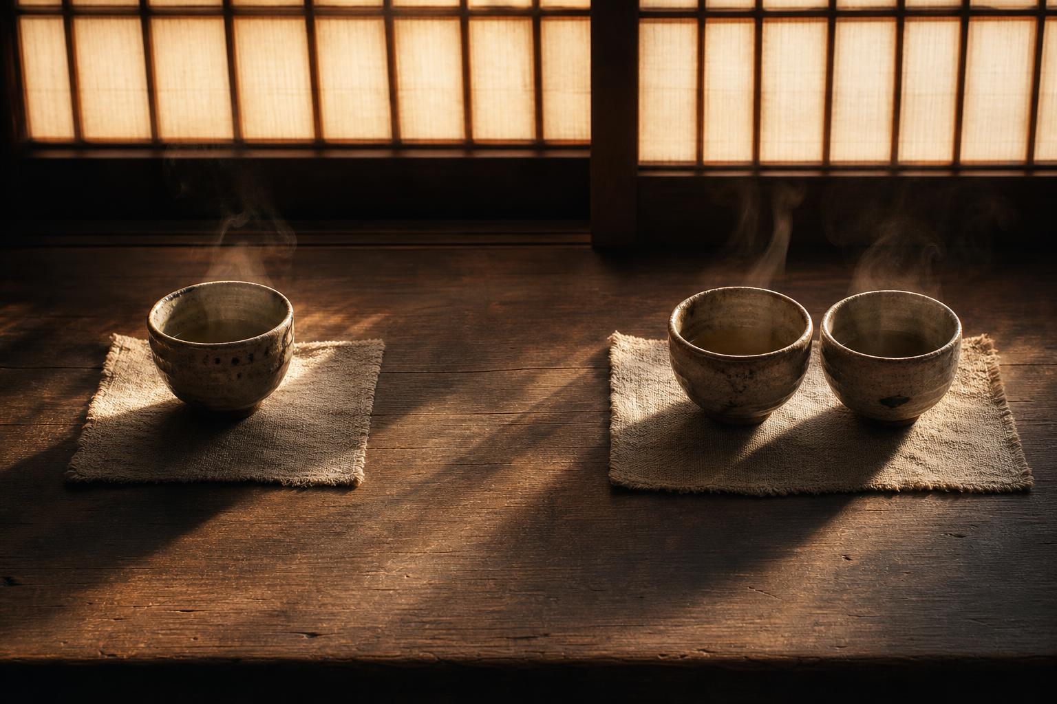Two tea bowls resting on a quiet surface, an image of the coaching container