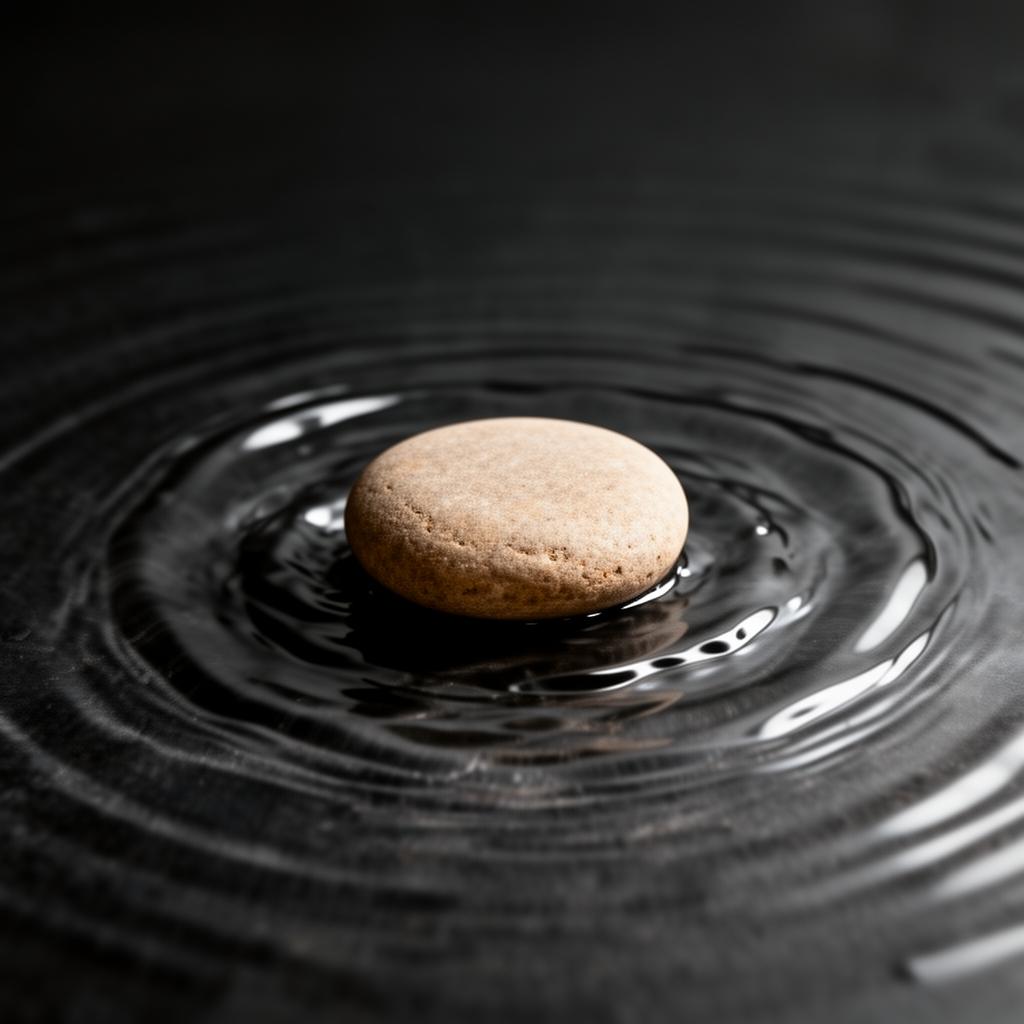 A small earth toned stone in calm water with quiet ripples expanding outward
